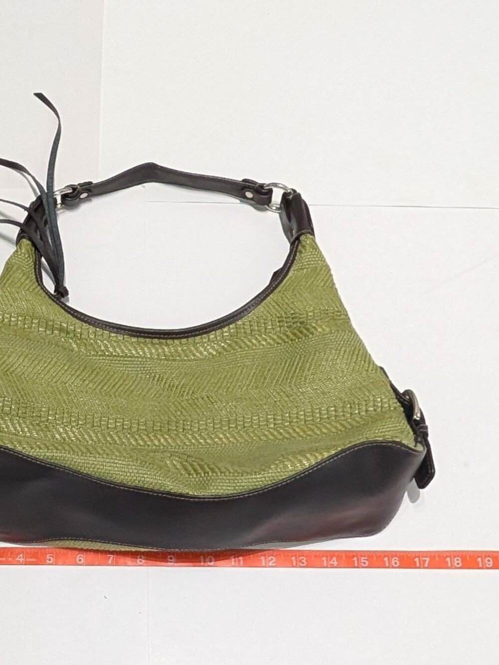 Worthington Green Cotton Woven Hobo Shoulder Bag with Brown Leather Accents - Picture 10 of 11